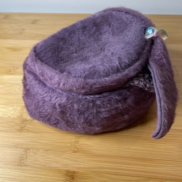 Vintage Mystere Purple Violet Imported Fur Hat Veil Netting Crystals Size 23 - Picture 3 of 9